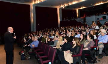 HFS President Jimmy DeMetro welcomes a sold-out audience to the 2018 NY Greek Film Expo.
