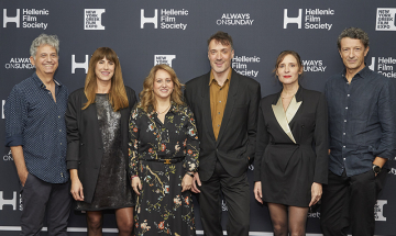 Opening night of the NY Greek Film Expo at the Directors Guild Theater. From left, director Angelos Frantzis; actor Katia Goulioni; HFS president Maria Miles; actors Andreas Konstantinou and Angeliki Papoulia; director Vladimir Subotic.