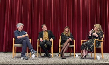 HFS president Maria Miles moderates an Expo 2025 opening night discussion with the creative team behind MURPHY’S LAW: director Angelos Frantzis; actors Andreas Konstantinou and Katia Goulioni.