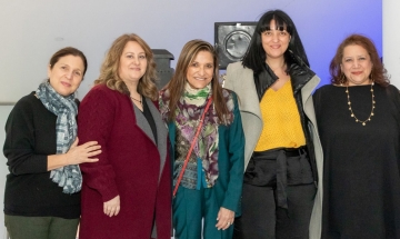 Board members Eva Mallis, Maria Miles, and Stavroula Toska, along with NYWIFT Executive Director Cynthia Lopez (far right) welcome Emmy Award-winning producer Celia Costas (center).